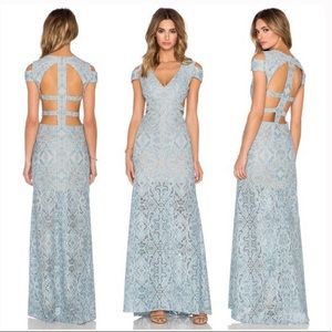 BCBGMAXAZRIA Ava Blue Frost Lace Cut Out Gown